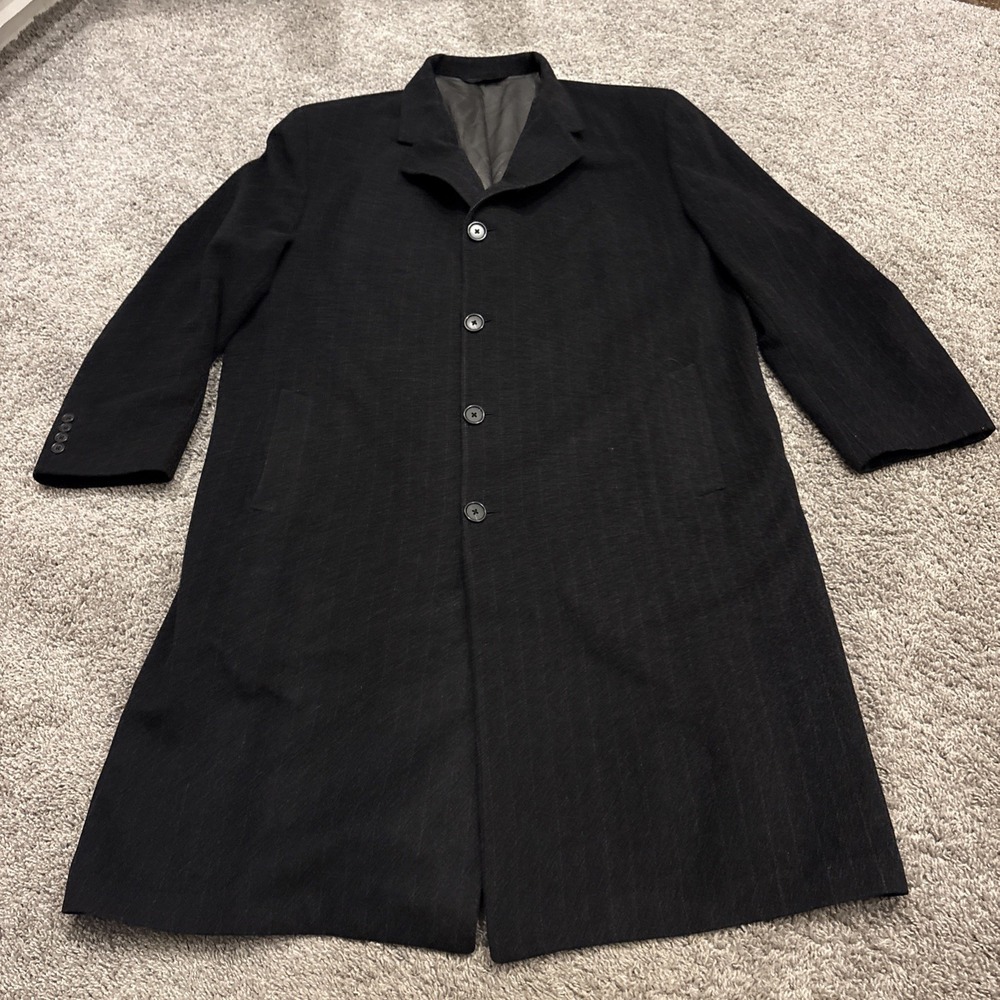 Men Charcoal Grey Wool Bachrach Pin Stripe 4 Button Long Trench Coat Size 46R